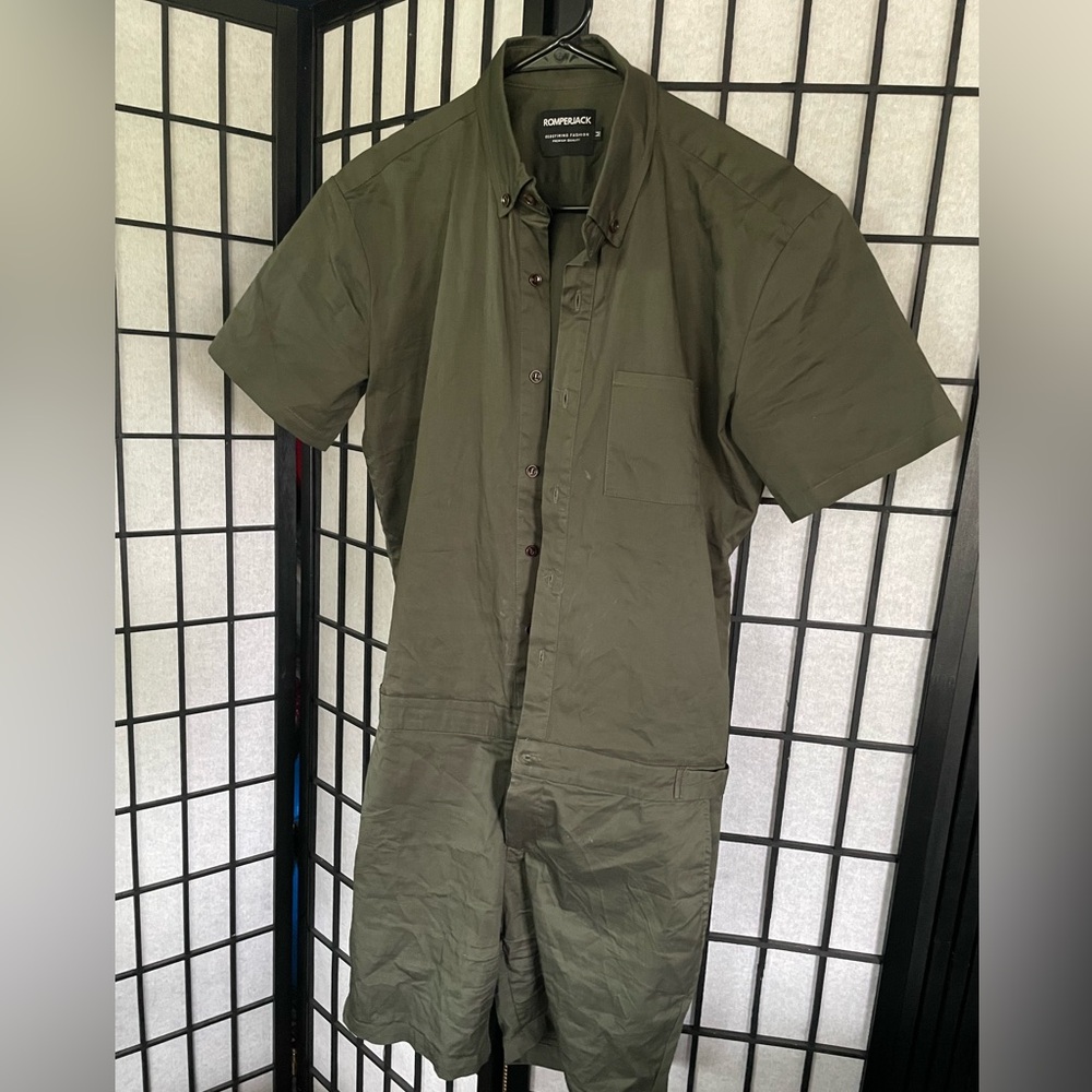 Men's Olive Green Short Sleeve Jumpsuit
